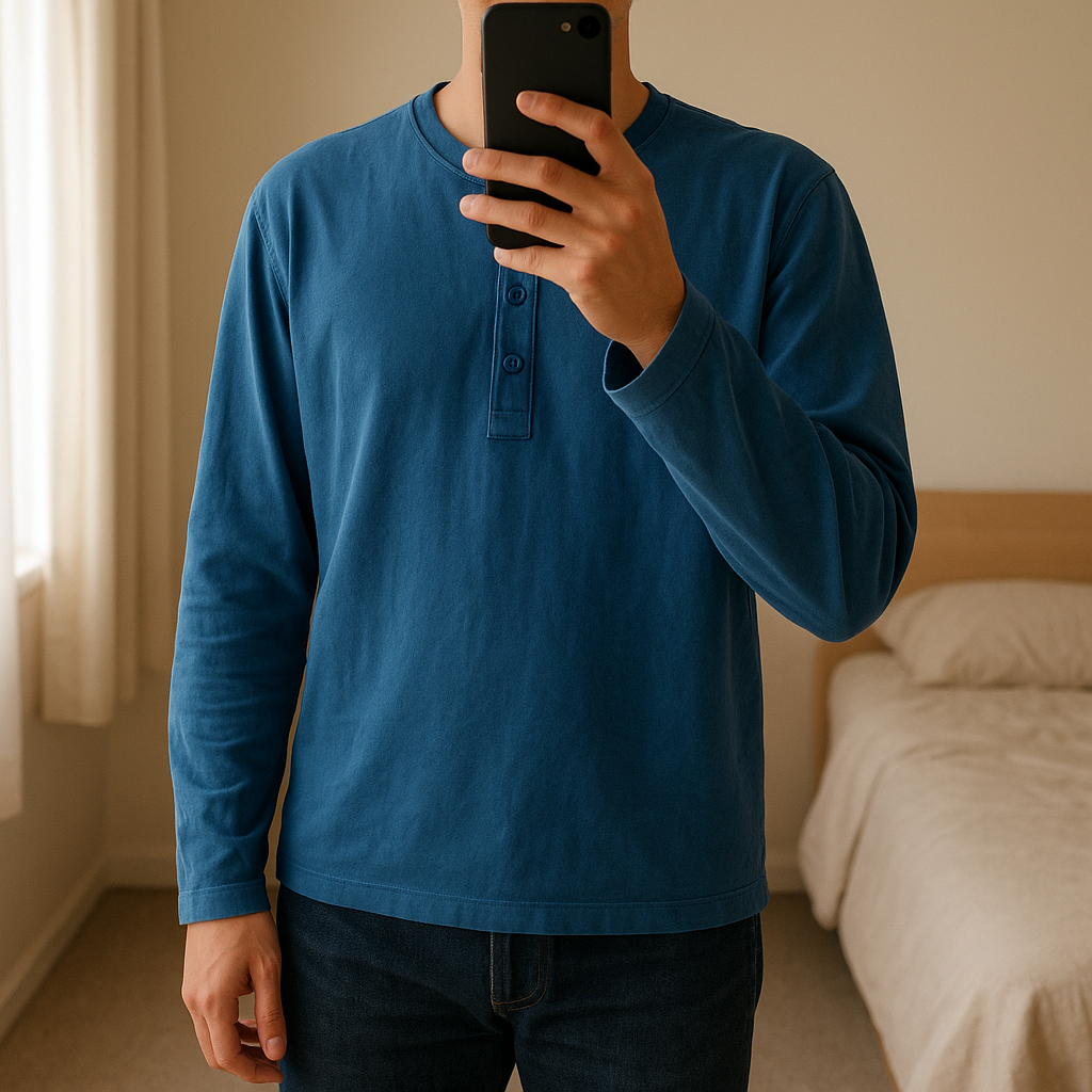 Pull manches longues homme GAP M - Maglione uomo gap in piedi, rivolto verso la fotocamera, in una camera da letto con luce soffusa e luce naturale che filtra dalla finestra.