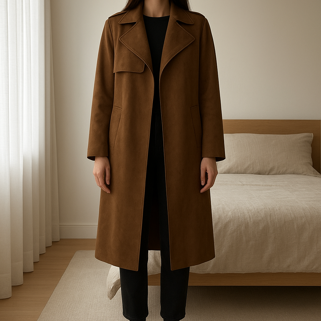 Manteau en Suède debout, face à la caméra, dans une chambre à la lumière douce, avec une lumière naturelle filtrant par la fenêtre.