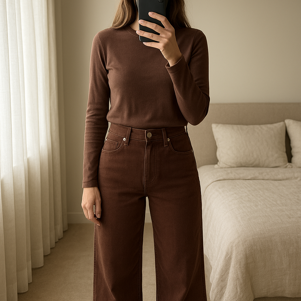 pantalon taille haute marron h&m debout, face à la caméra, dans une chambre à la lumière douce, avec une lumière naturelle filtrant par la fenêtre.