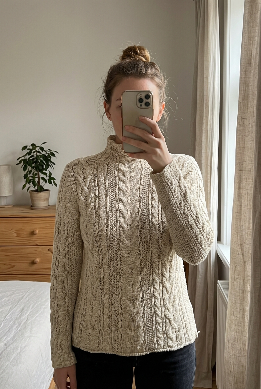 Pull Col roulé Mix Coton Blanc Crème Ralph Lauren By Lauren L debout, face à la caméra, dans une chambre à la lumière douce, avec une lumière naturelle filtrant par la fenêtre.