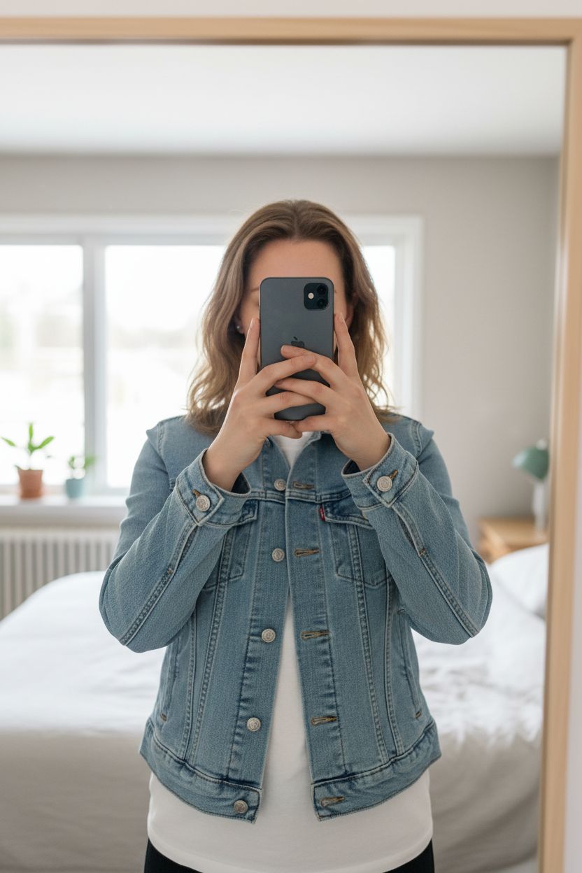 Une personne en Veste En Jean Levi's Vintage Y2K 100% Coton Denim jacket levi's Premium Bleu Taille M debout, face à la caméra, dans une chambre à la lumière douce, avec une lumière naturelle filtrant par la fenêtre.