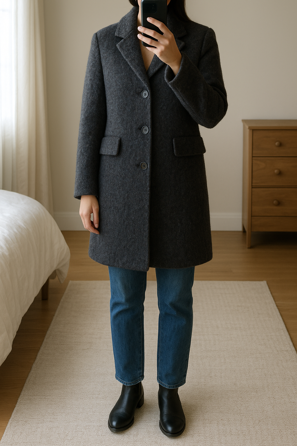 Toast navy blue wool mohair long coat jacket winter! standing straight facing the camera, in a softly lit bedroom setting, with gentle natural light filtering through a window.