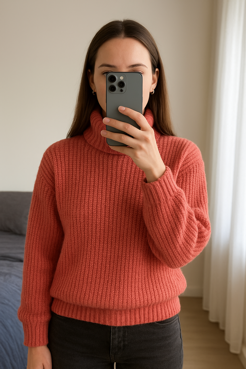 Gros pull col roulé corail debout, face à la caméra, dans une chambre à la lumière douce, avec une lumière naturelle filtrant par la fenêtre.