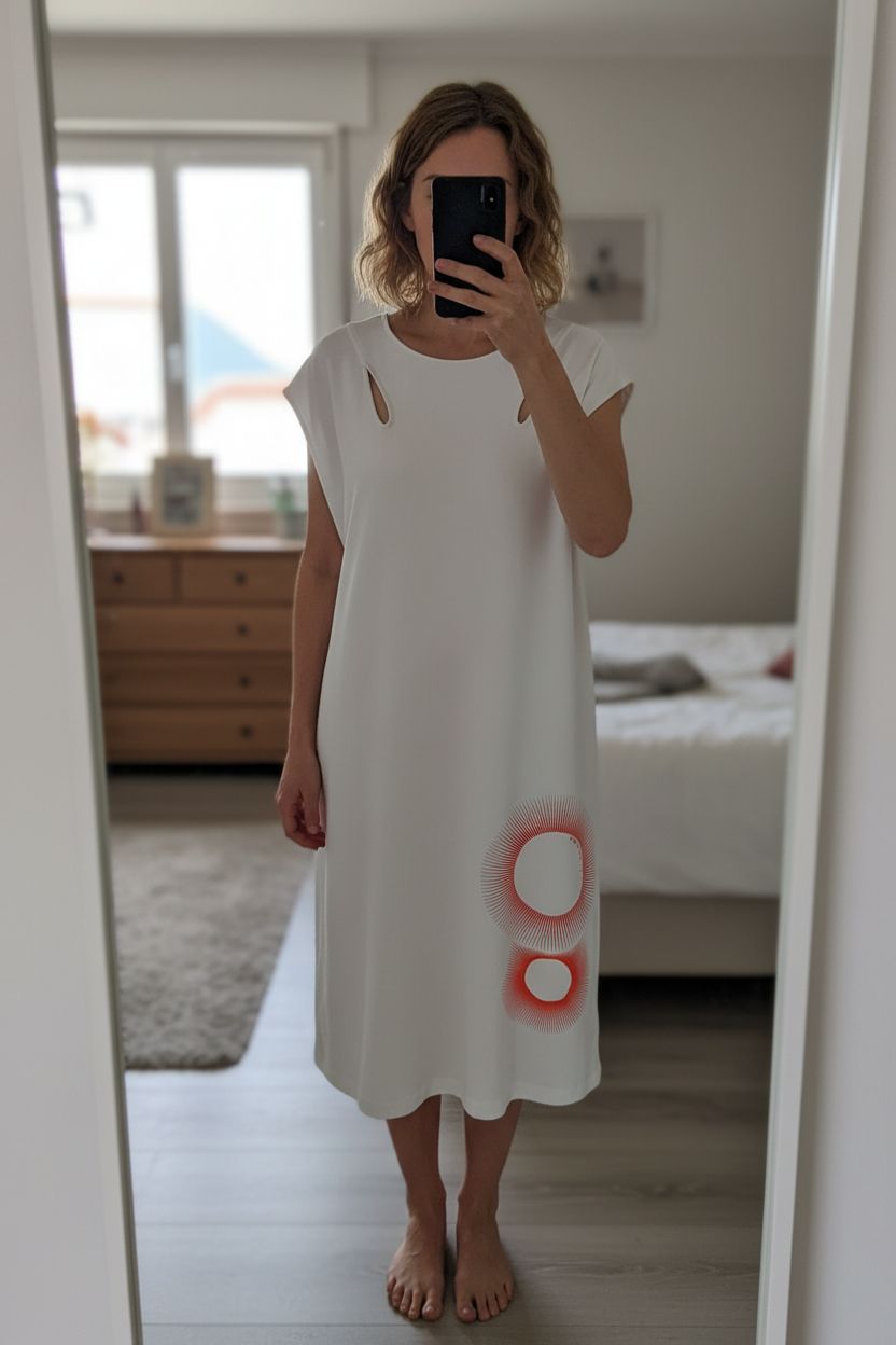 Robe ulnac cop copine debout, face à la caméra, dans une chambre à la lumière douce, avec une lumière naturelle filtrant par la fenêtre.