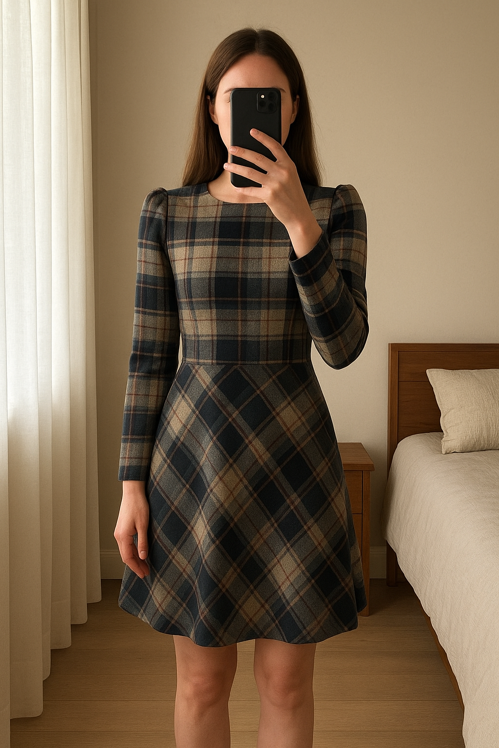 Sandro Ferrone abito dress motivo tartan check tg 40 scollo quadrato in piedi, rivolto verso la fotocamera, in una camera da letto con luce soffusa e luce naturale che filtra dalla finestra.