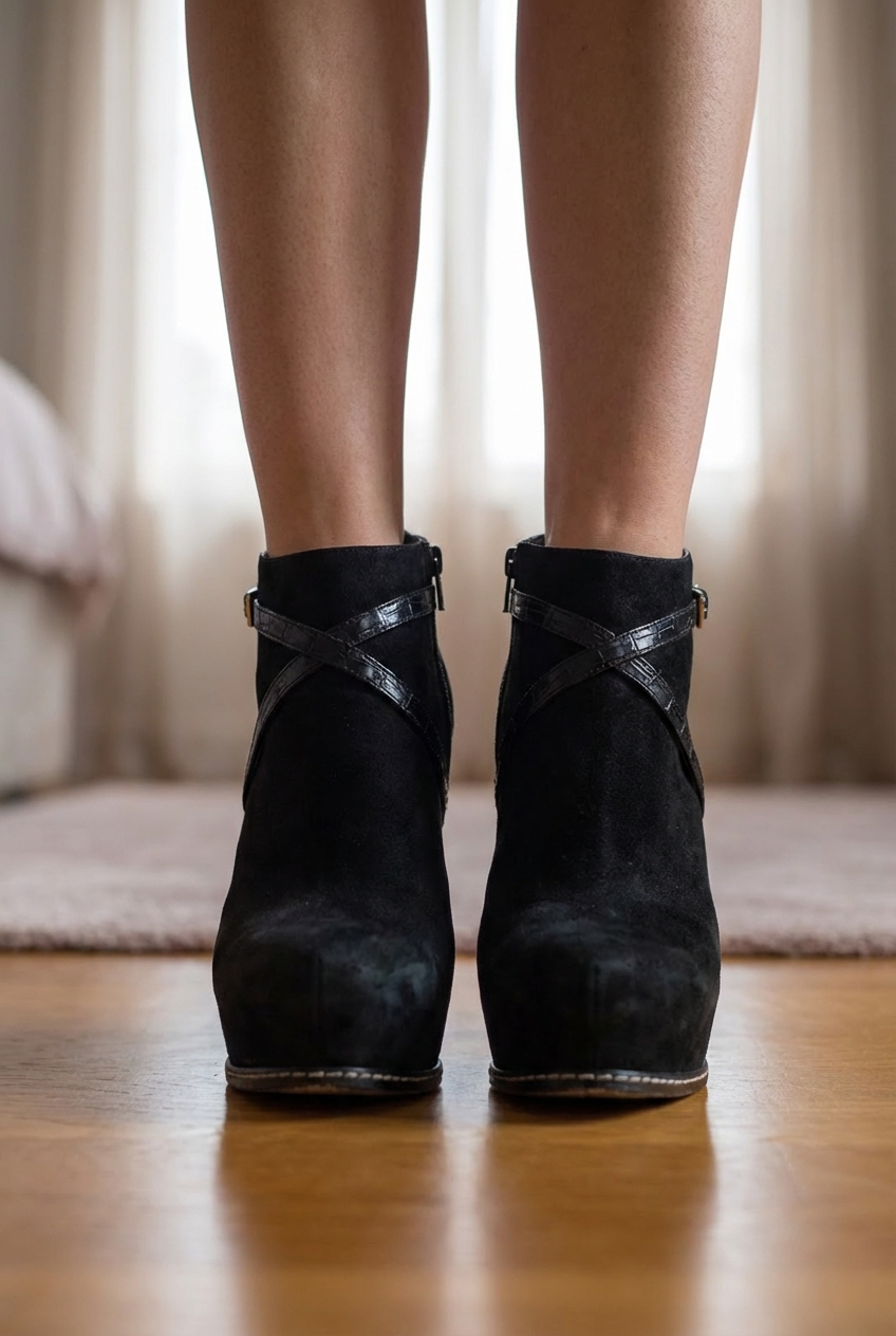 Stivaletto invernale con plateau - Nero - Misura 39 in piedi, rivolto verso la fotocamera, in una camera da letto con luce soffusa e luce naturale che filtra dalla finestra.