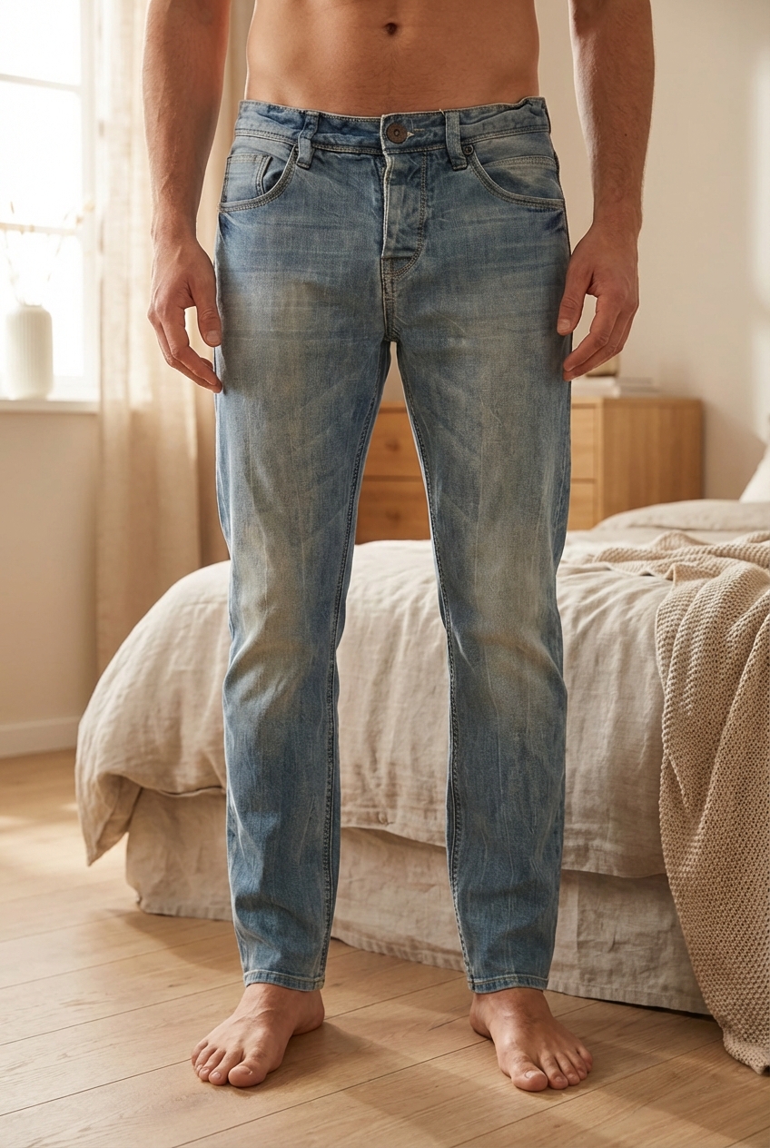 Jeans homme bonobo taille 40 debout, face à la caméra, dans une chambre à la lumière douce, avec une lumière naturelle filtrant par la fenêtre.