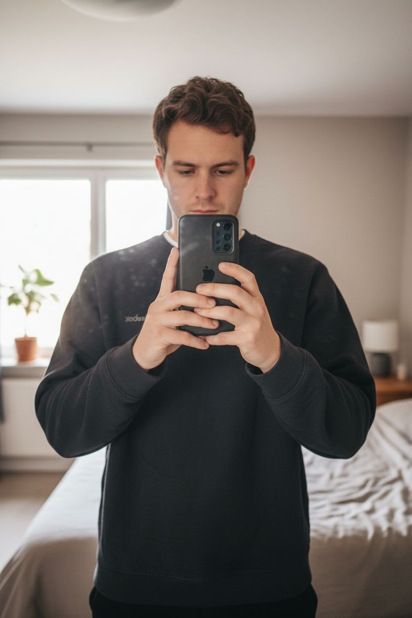 Pull Reebok debout, face à la caméra, dans une chambre à la lumière douce, avec une lumière naturelle filtrant par la fenêtre.