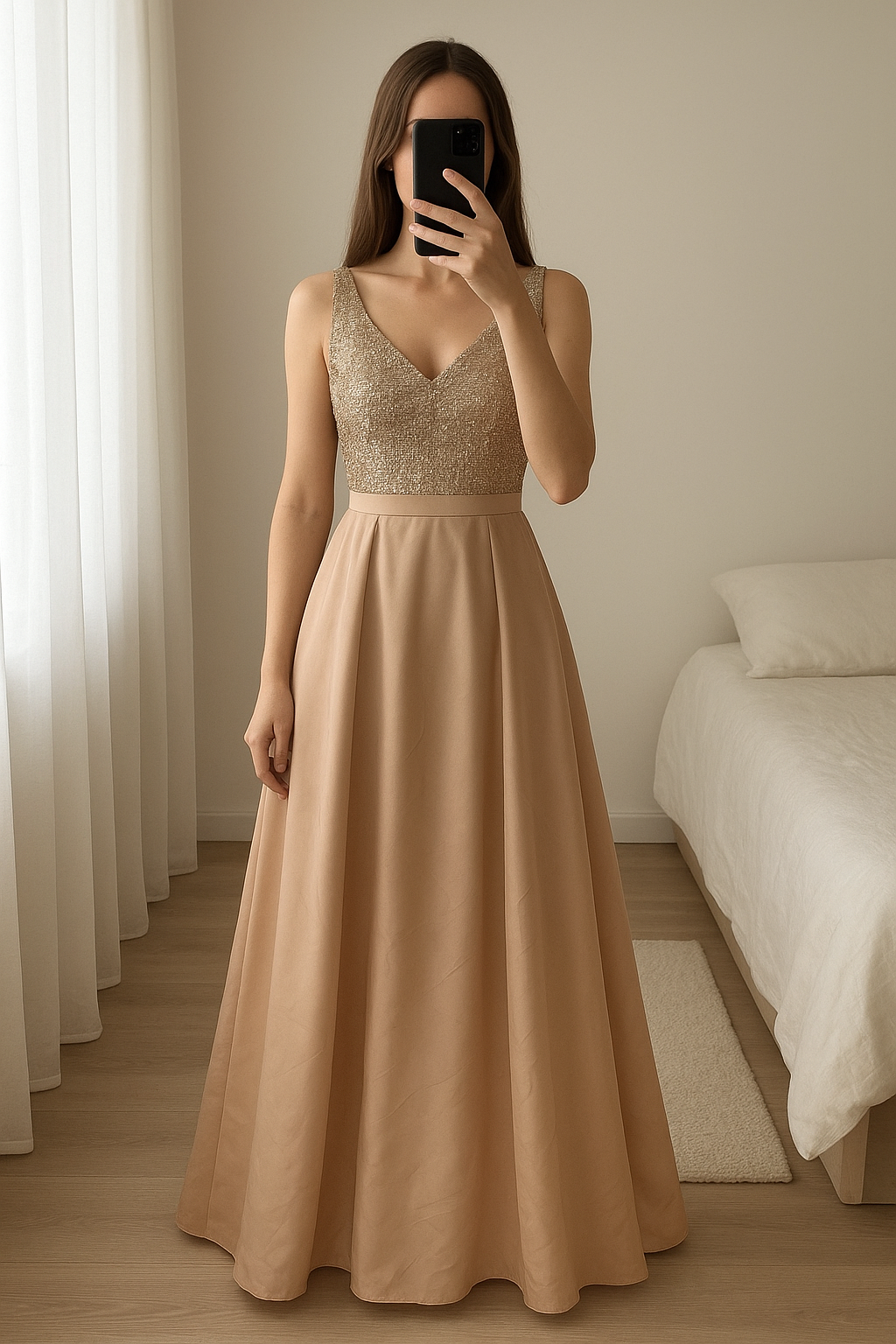 Robe de soirée dorée debout, face à la caméra, dans une chambre à la lumière douce, avec une lumière naturelle filtrant par la fenêtre.