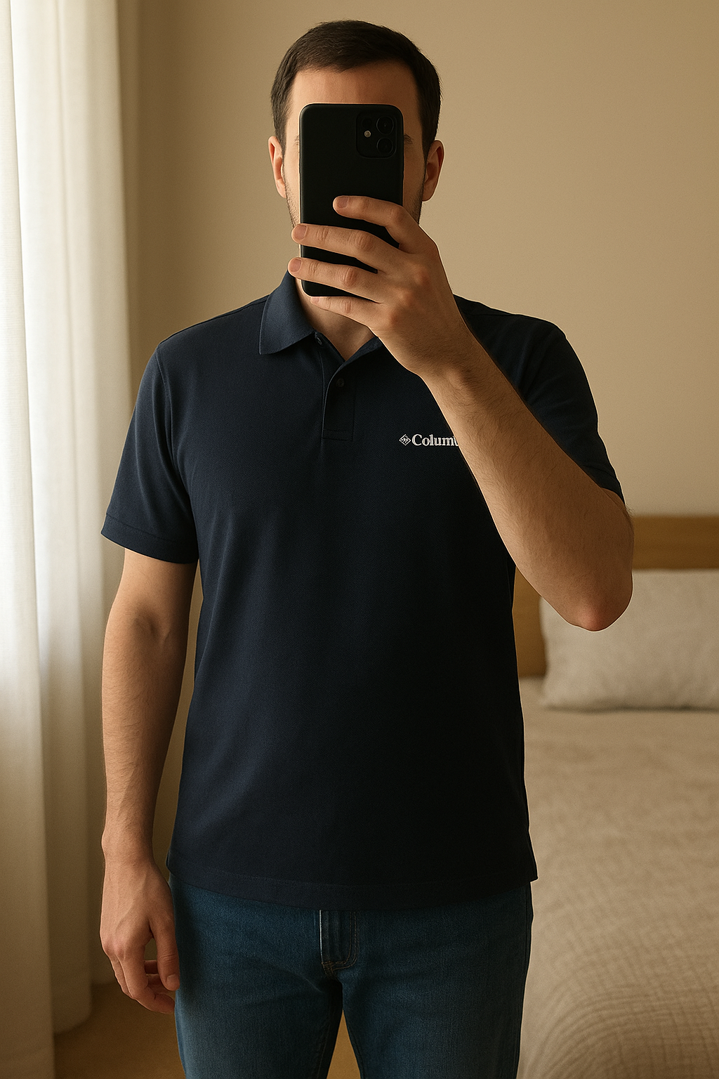 Columbia sports polo shirt standing straight facing the camera, in a softly lit bedroom setting, with gentle natural light filtering through a window.