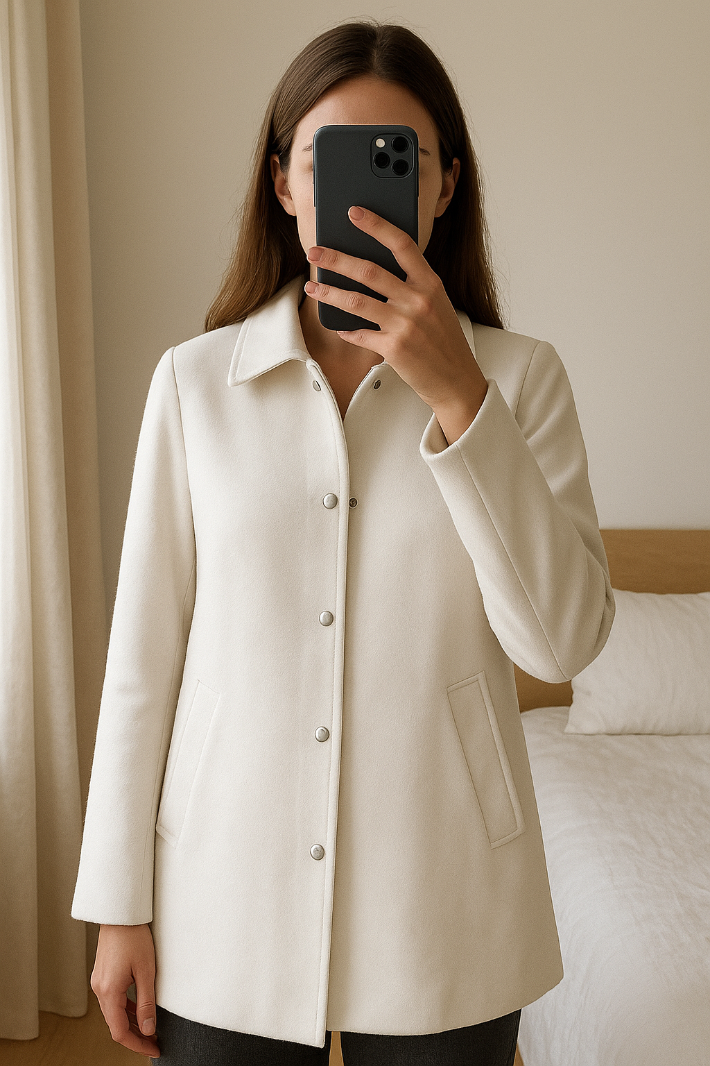 Manteau blanc Zara debout, face à la caméra, dans une chambre à la lumière douce, avec une lumière naturelle filtrant par la fenêtre.