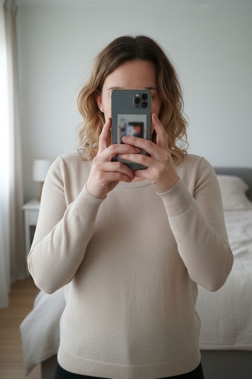 Une personne en Pull léger Camaïeu beige debout, face à la caméra, avec une silhouette légèrement plus ronde, dans une chambre à la lumière douce, avec une lumière naturelle filtrant par la fenêtre.