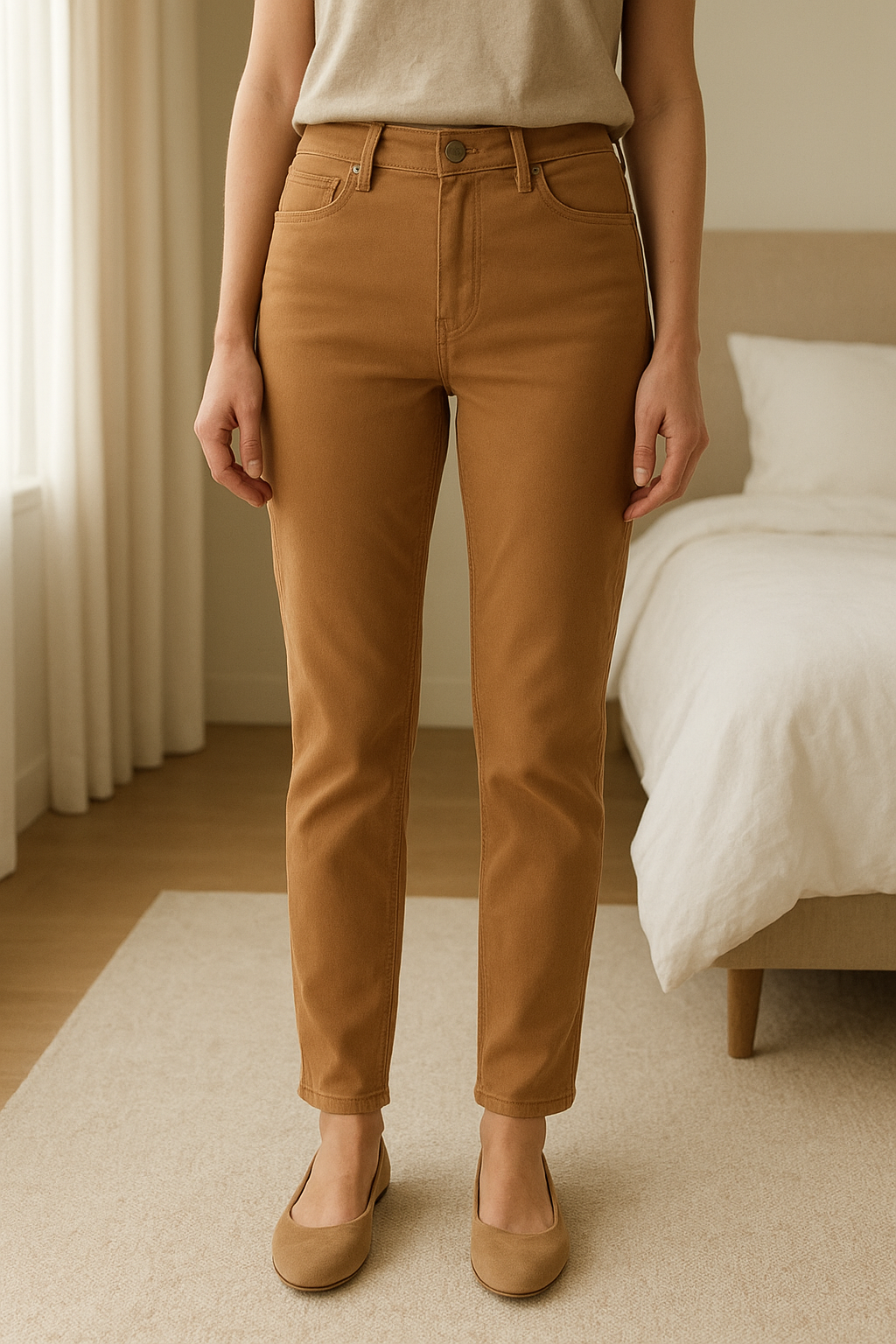 Jean extensible petite taille camaïeu debout, face à la caméra, dans une chambre à la lumière douce, avec une lumière naturelle filtrant par la fenêtre.