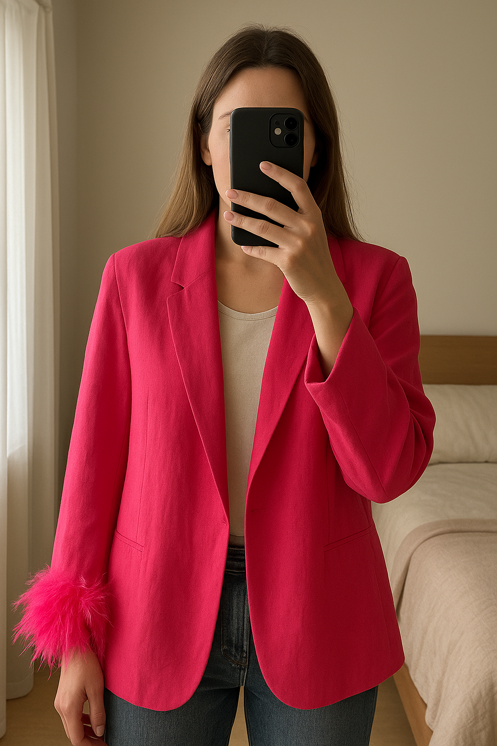 Blazer oversize rose fuchsia à plumes – look chic et tendance debout, face à la caméra, dans une chambre à la lumière douce, avec une lumière naturelle filtrant par la fenêtre.