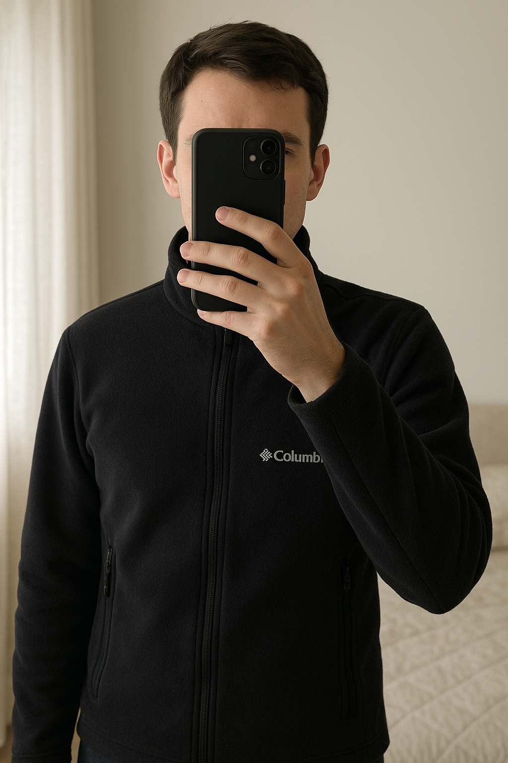 Polaire zippée Columbia noire – chaude et confortable debout, face à la caméra, dans une chambre à la lumière douce, avec une lumière naturelle filtrant par la fenêtre.