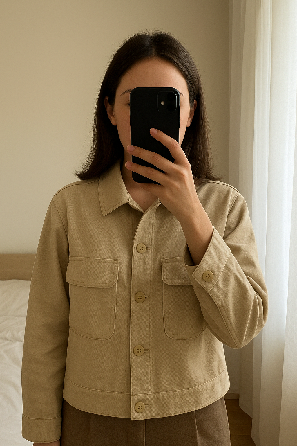 Veste courte crème Uniqlo debout, face à la caméra, dans une chambre à la lumière douce, avec une lumière naturelle filtrant par la fenêtre.