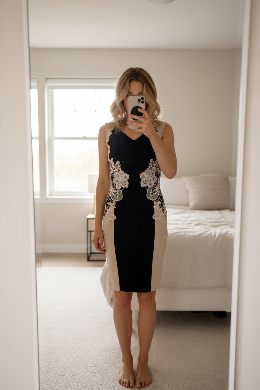 Little Mistress BNWT Black Beige Stretch Bodycon Panel Dress Lace Applique Details - UK10 standing straight facing the camera, in a softly lit bedroom setting, with gentle natural light filtering through a window.