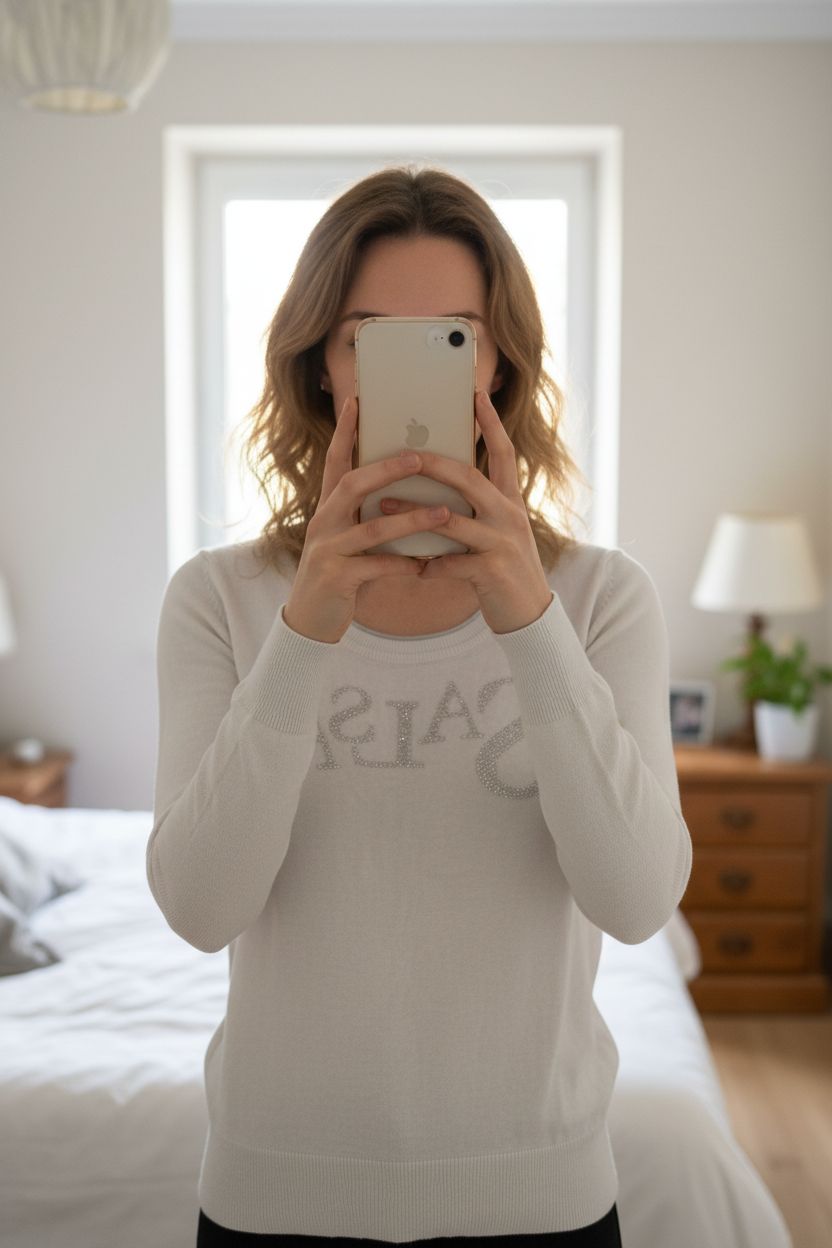 Pull léger col rond mi saison blanche Salsa taille S debout, face à la caméra, dans une chambre à la lumière douce, avec une lumière naturelle filtrant par la fenêtre.