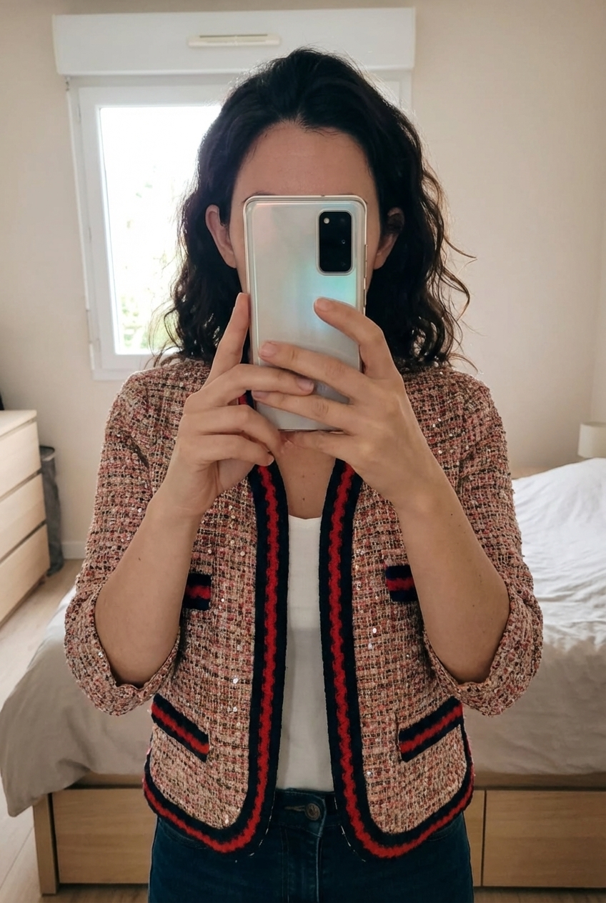 Superbe veste debout, face à la caméra, dans une chambre à la lumière douce, avec une lumière naturelle filtrant par la fenêtre.