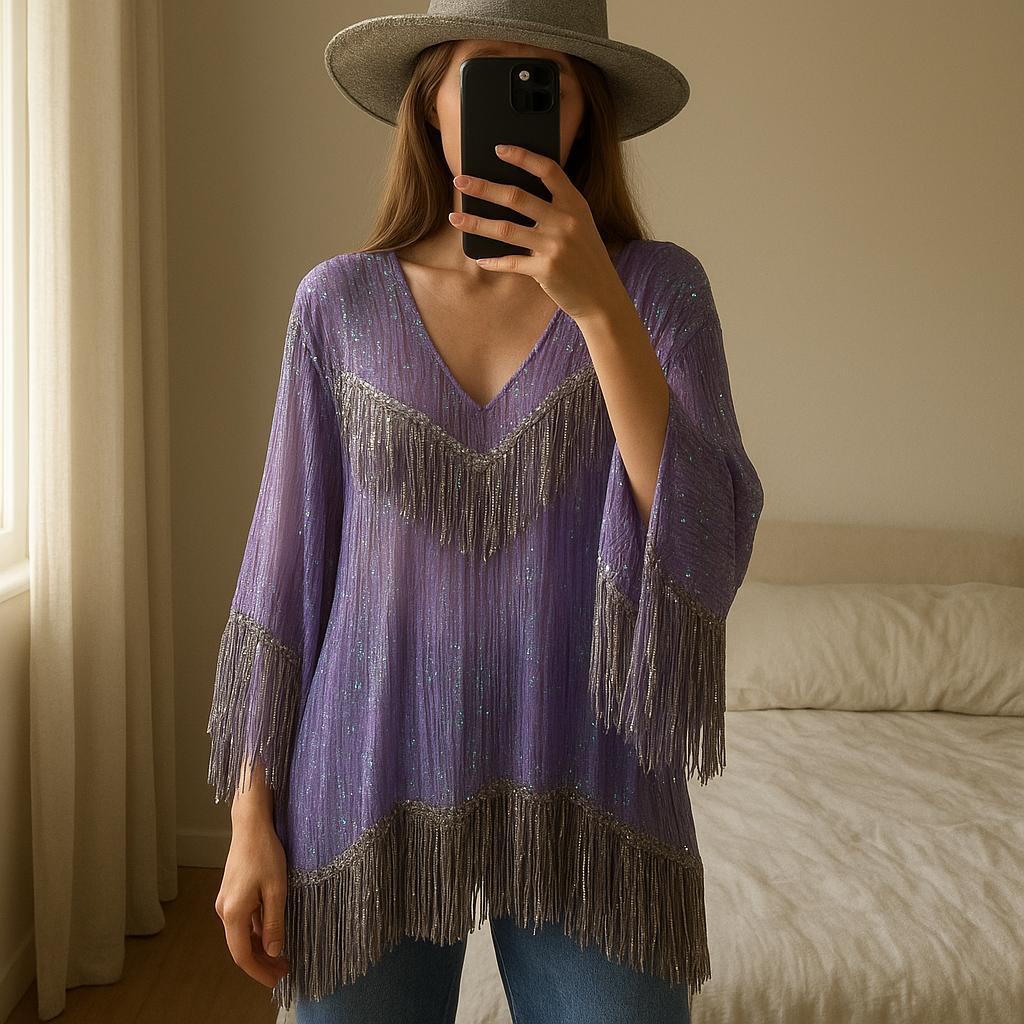 Veste sequin et franges EastnWest label outfit festival debout, face à la caméra, dans une chambre à la lumière douce, avec une lumière naturelle filtrant par la fenêtre.