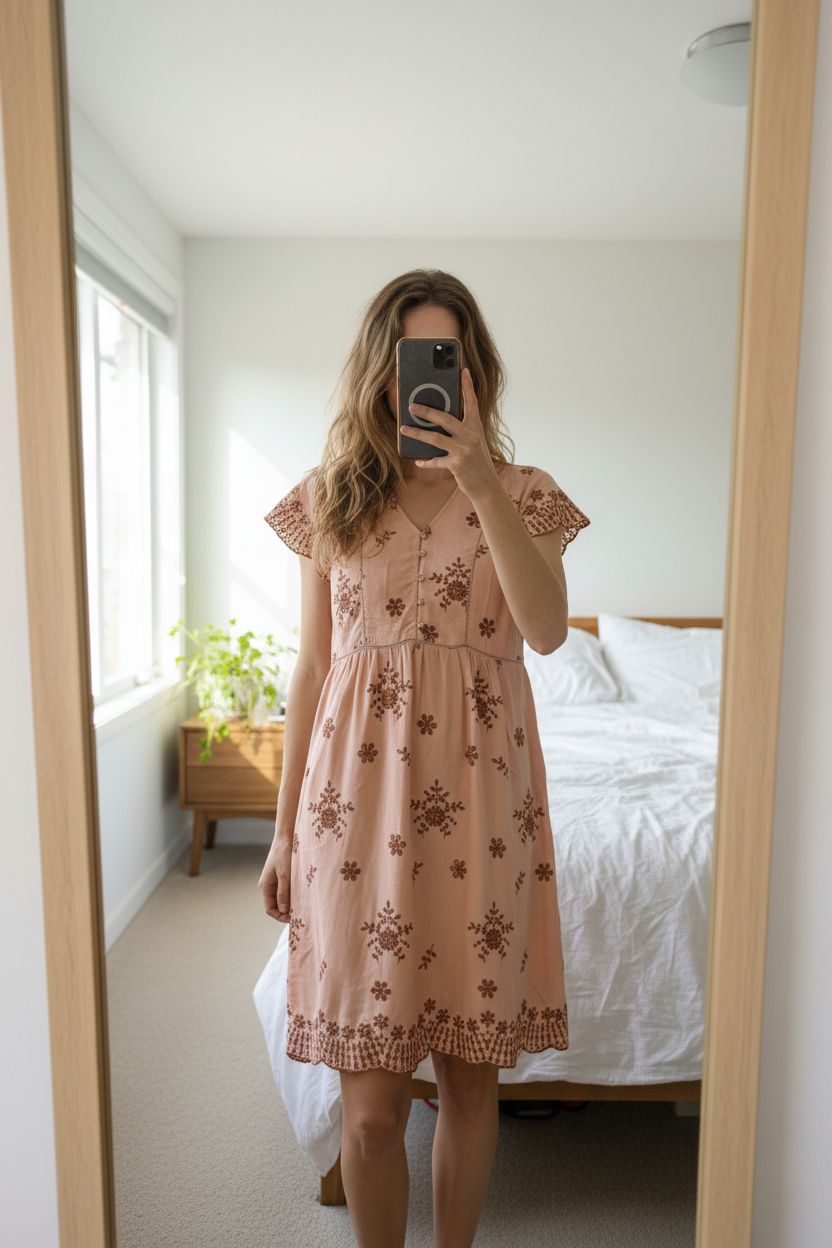 Robe pêche Indi & Cold em pé, de frente para a câmera, em um quarto com iluminação suave e luz natural filtrando pela janela.