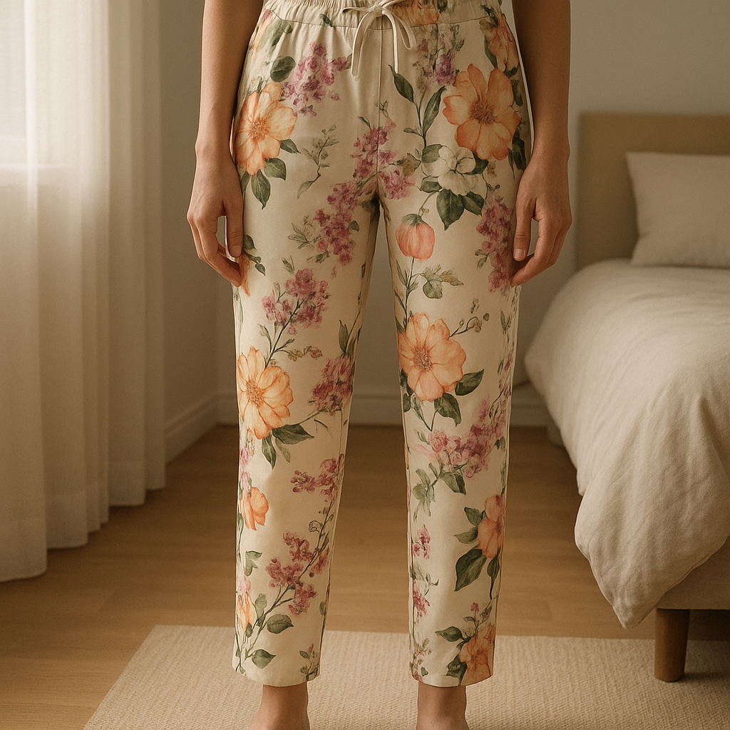 Pantalon fleurie Taille 40 debout, face à la caméra, dans une chambre à la lumière douce, avec une lumière naturelle filtrant par la fenêtre.