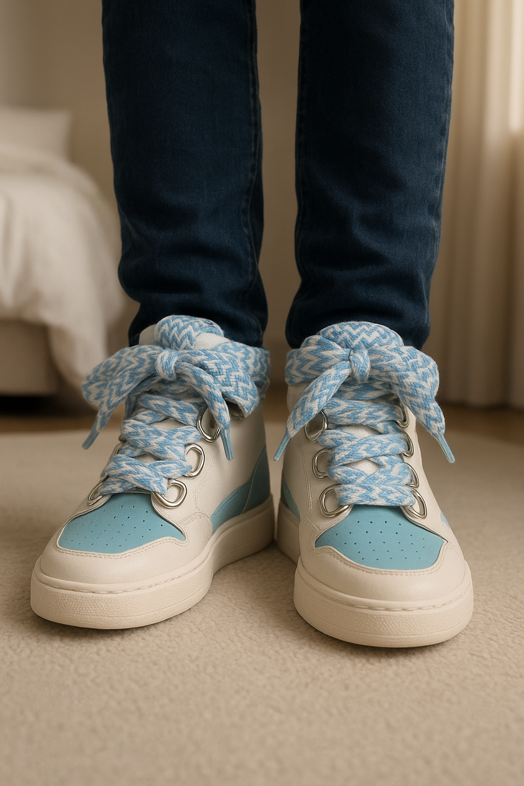 Lanvin curb bleu ciel/claire debout, face à la caméra, dans une chambre à la lumière douce, avec une lumière naturelle filtrant par la fenêtre.