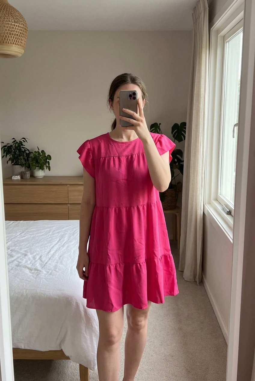 Une personne en Robe rose courte et élégante été debout, face à la caméra, dans une chambre à la lumière douce, avec une lumière naturelle filtrant par la fenêtre.