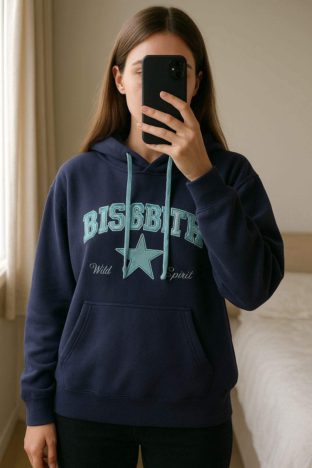 Sweat Shirt à Capuche Bisree debout, face à la caméra, dans une chambre à la lumière douce, avec une lumière naturelle filtrant par la fenêtre.