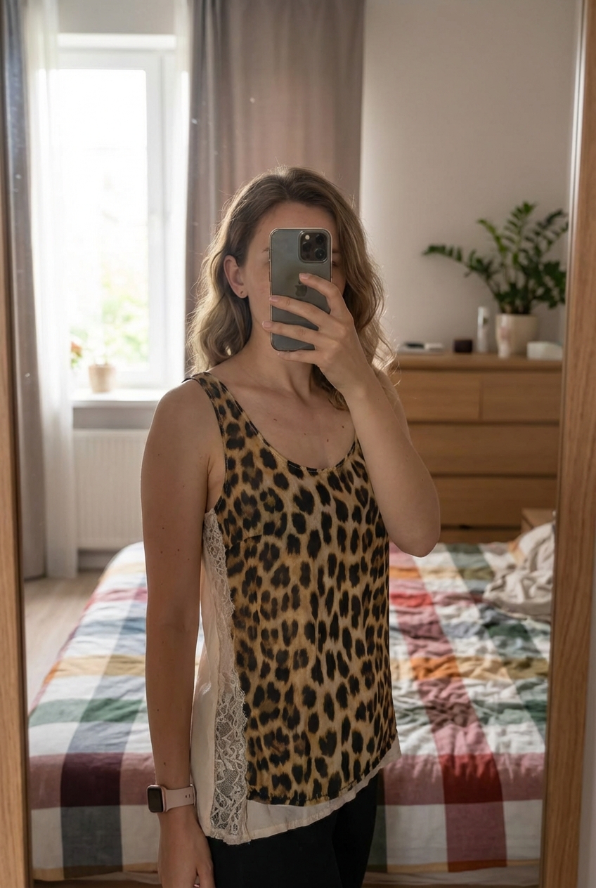 Camiseta / blusa transparente animal print de pie, mirando a la cámara, en un dormitorio con luz suave y natural filtrándose por la ventana.