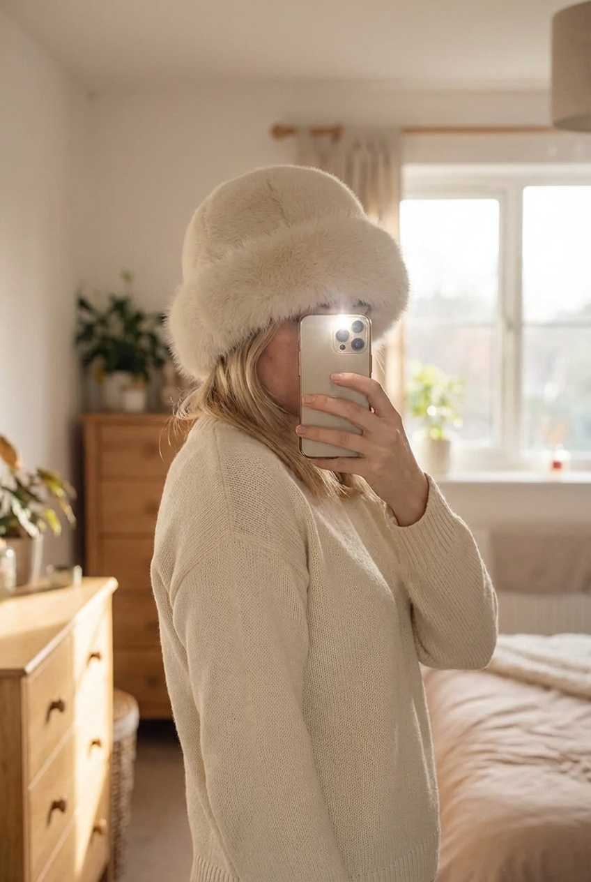 Chapeau d’hiver debout, face à la caméra, dans une chambre à la lumière douce, avec une lumière naturelle filtrant par la fenêtre.