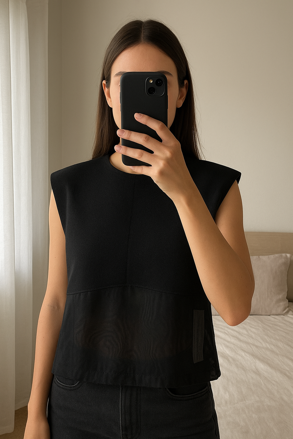 Zara crop top standing straight facing the camera, in a softly lit bedroom setting, with gentle natural light filtering through a window.