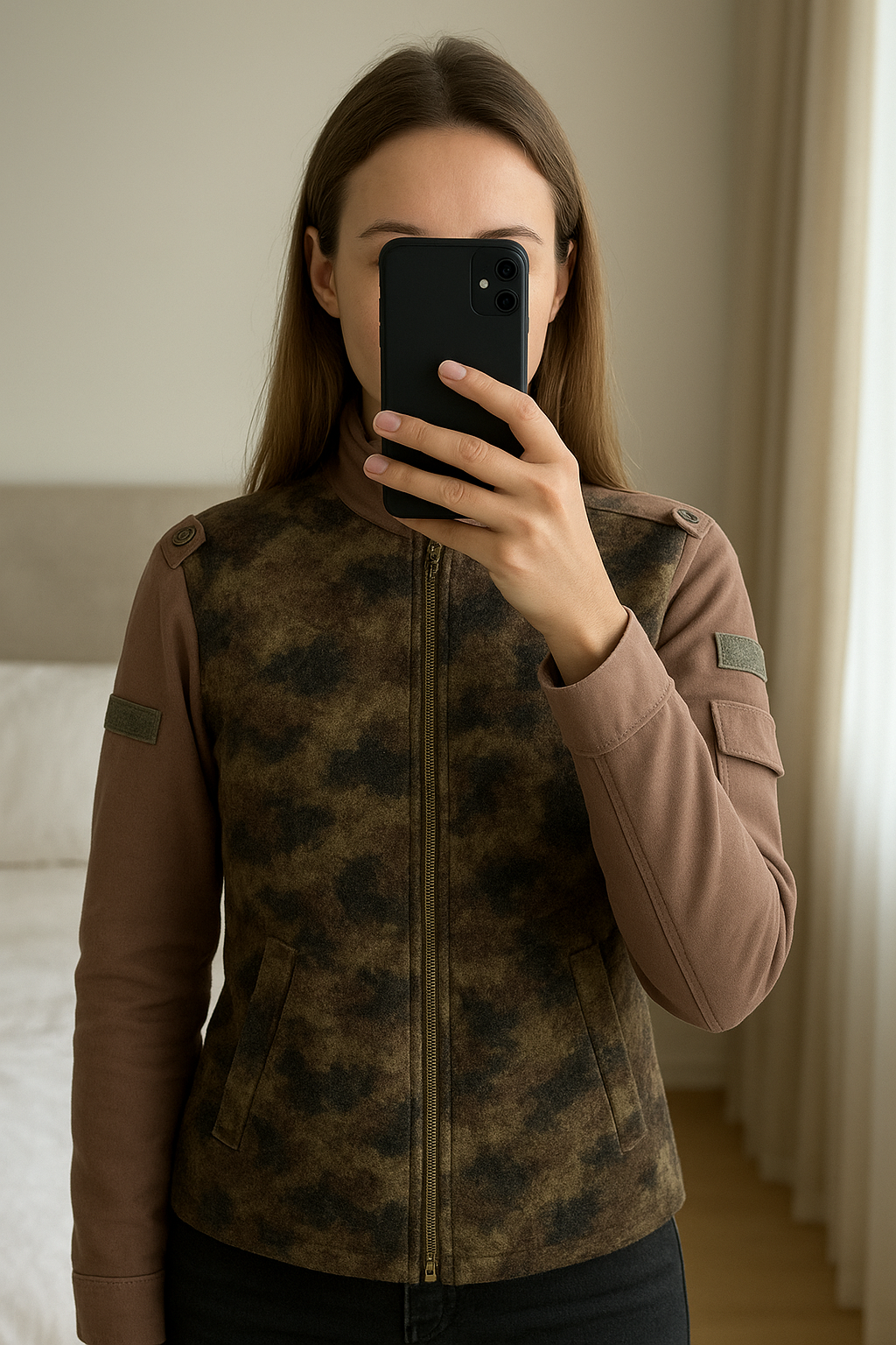 Cappotto Donna in Lana e Poliestere – Stile Raffinato, Taglia S Cod.3172 in piedi, rivolto verso la fotocamera, in una camera da letto con luce soffusa e luce naturale che filtra dalla finestra.