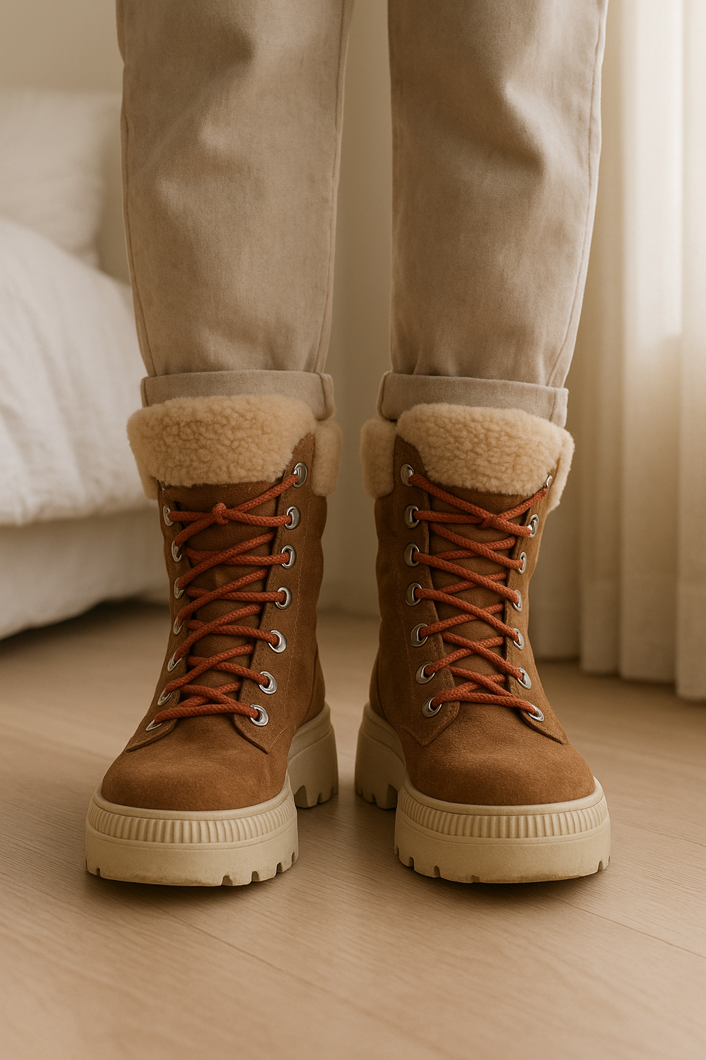 Bottines fourrés Gant taille 39 debout, face à la caméra, dans une chambre à la lumière douce, avec une lumière naturelle filtrant par la fenêtre.