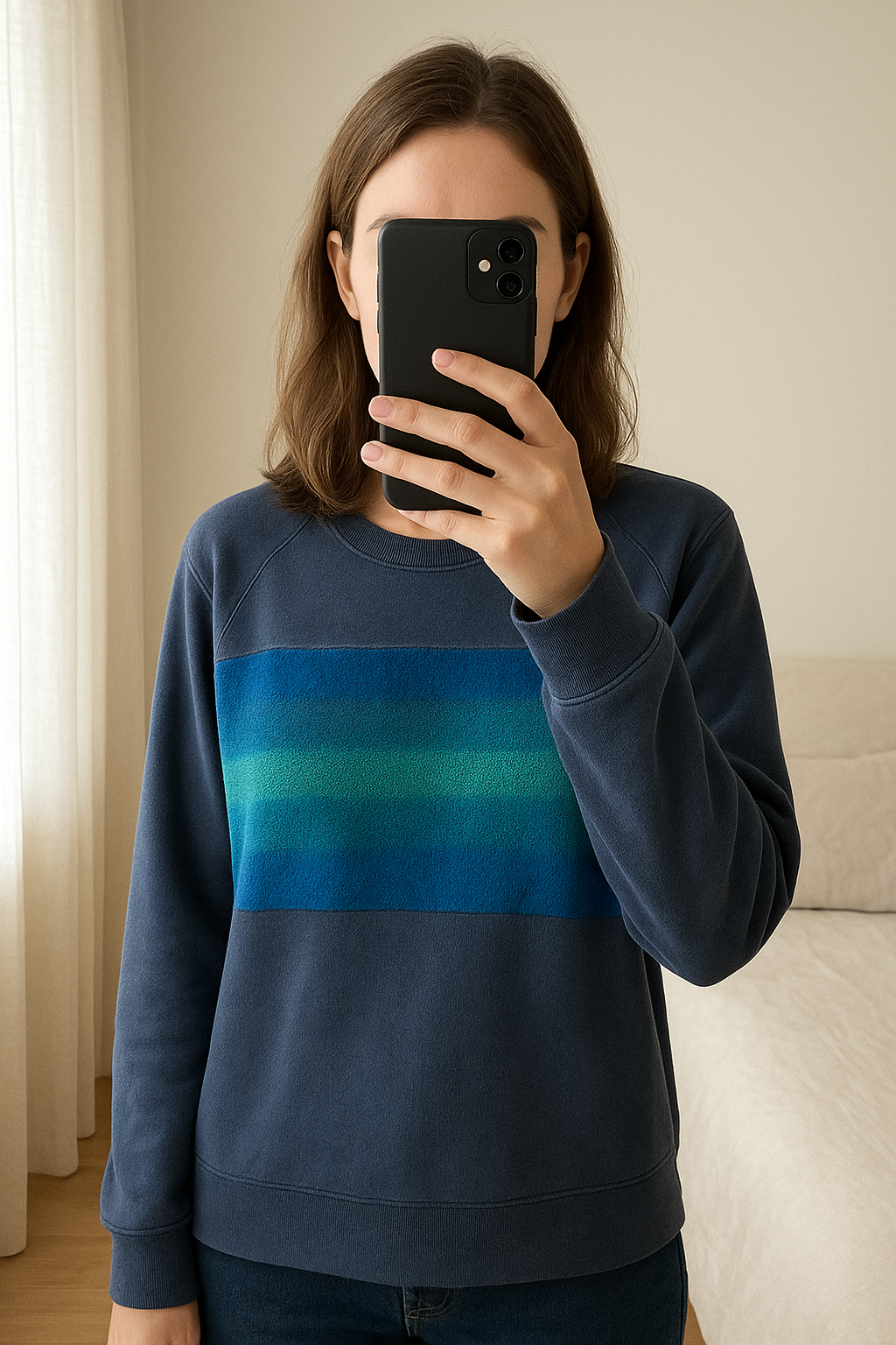 Sweat bleu marine Hollister avec détail en tissu bouclette effet moumoute sur le devant - Taille L debout, face à la caméra, dans une chambre à la lumière douce, avec une lumière naturelle filtrant par la fenêtre.