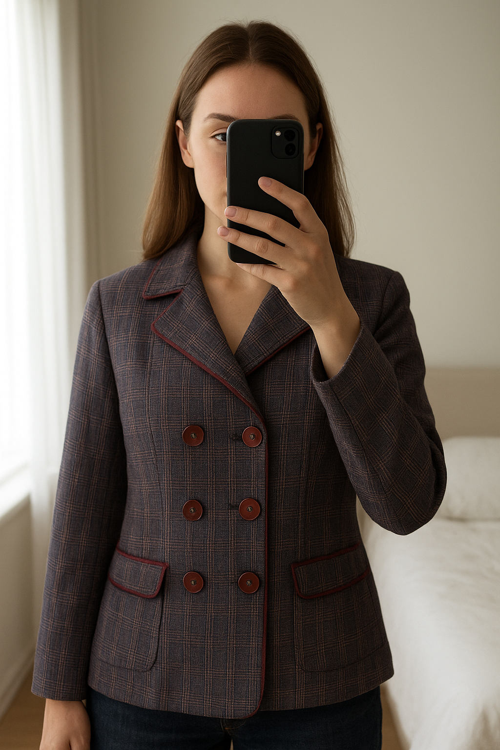 Veste tartan carreaux doublée – taille 40 debout, face à la caméra, dans une chambre à la lumière douce, avec une lumière naturelle filtrant par la fenêtre.