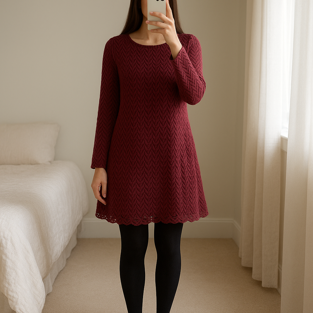 Robe élégante bordeaux Mango manches longues S / Neuve debout, face à la caméra, dans une chambre à la lumière douce, avec une lumière naturelle filtrant par la fenêtre.