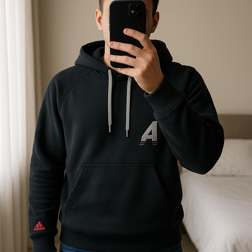 Adidas Men's Marquee Black Pouch Pocket Basketball Oversized Hoodie - Small standing straight facing the camera, in a softly lit bedroom setting, with gentle natural light filtering through a window.