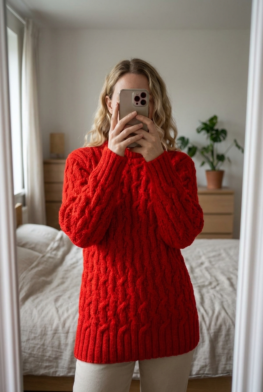 Pull Fait Main Tricot Aran Wool Sweater 100% Laine Rouge Aran Craft XXS debout, face à la caméra, dans une chambre à la lumière douce, avec une lumière naturelle filtrant par la fenêtre.