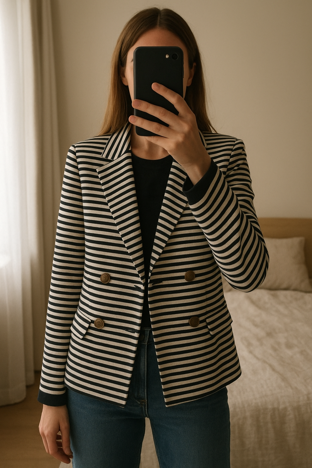 Blazer casual Sfera tS de pie, mirando a la cámara, en un dormitorio con luz suave y natural filtrándose por la ventana.