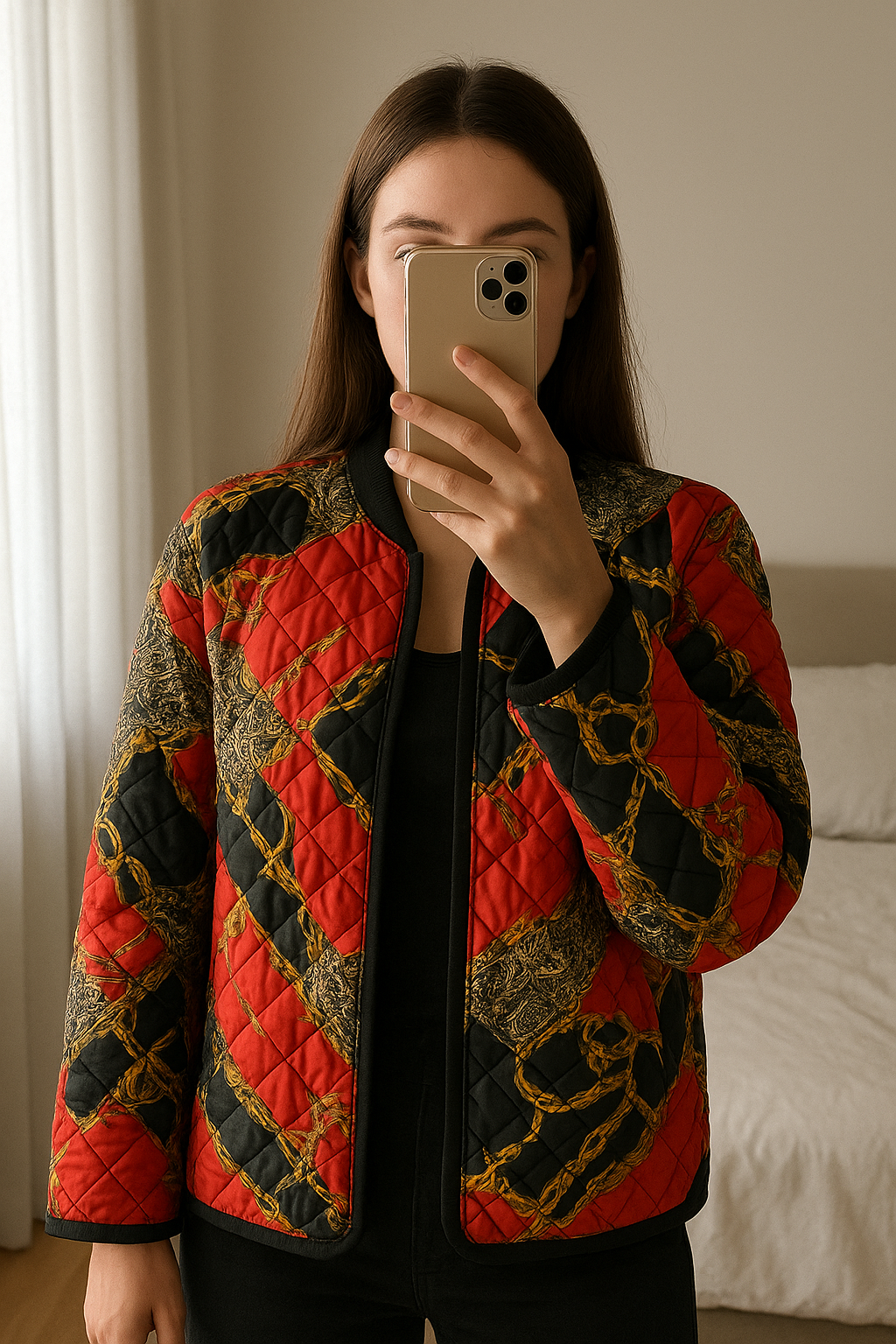 veste légère style paris chic debout, face à la caméra, dans une chambre à la lumière douce, avec une lumière naturelle filtrant par la fenêtre.