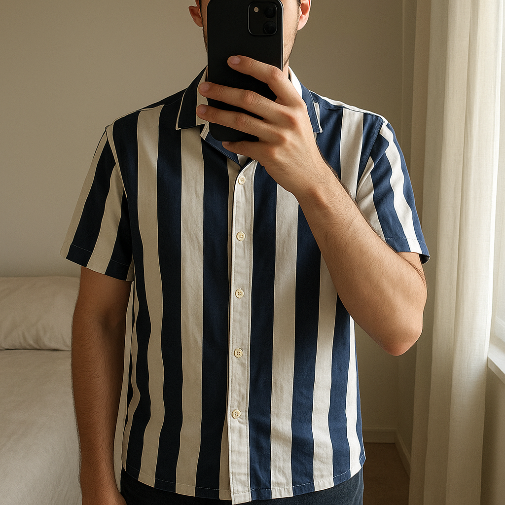 Chemise décontractée Homme Taille XS debout, face à la caméra, dans une chambre à la lumière douce, avec une lumière naturelle filtrant par la fenêtre.