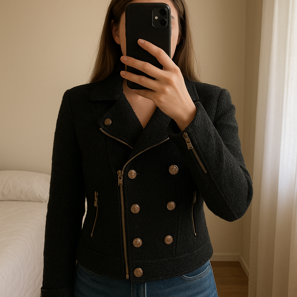 Veste en laine debout, face à la caméra, dans une chambre à la lumière douce, avec une lumière naturelle filtrant par la fenêtre.