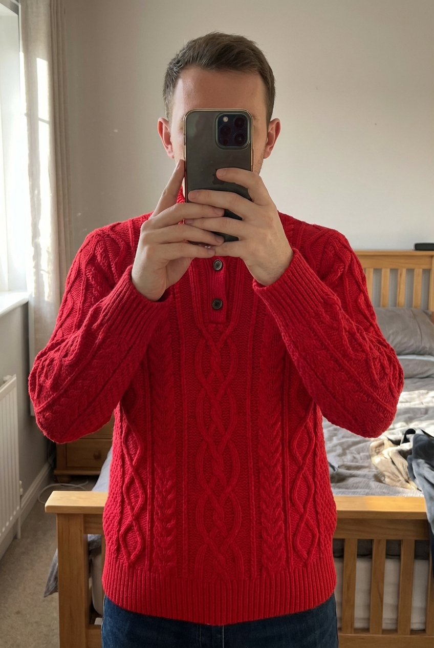 Pull GAP Wool Sweater En Laine Rouge GAP XS debout, face à la caméra, dans une chambre à la lumière douce, avec une lumière naturelle filtrant par la fenêtre.