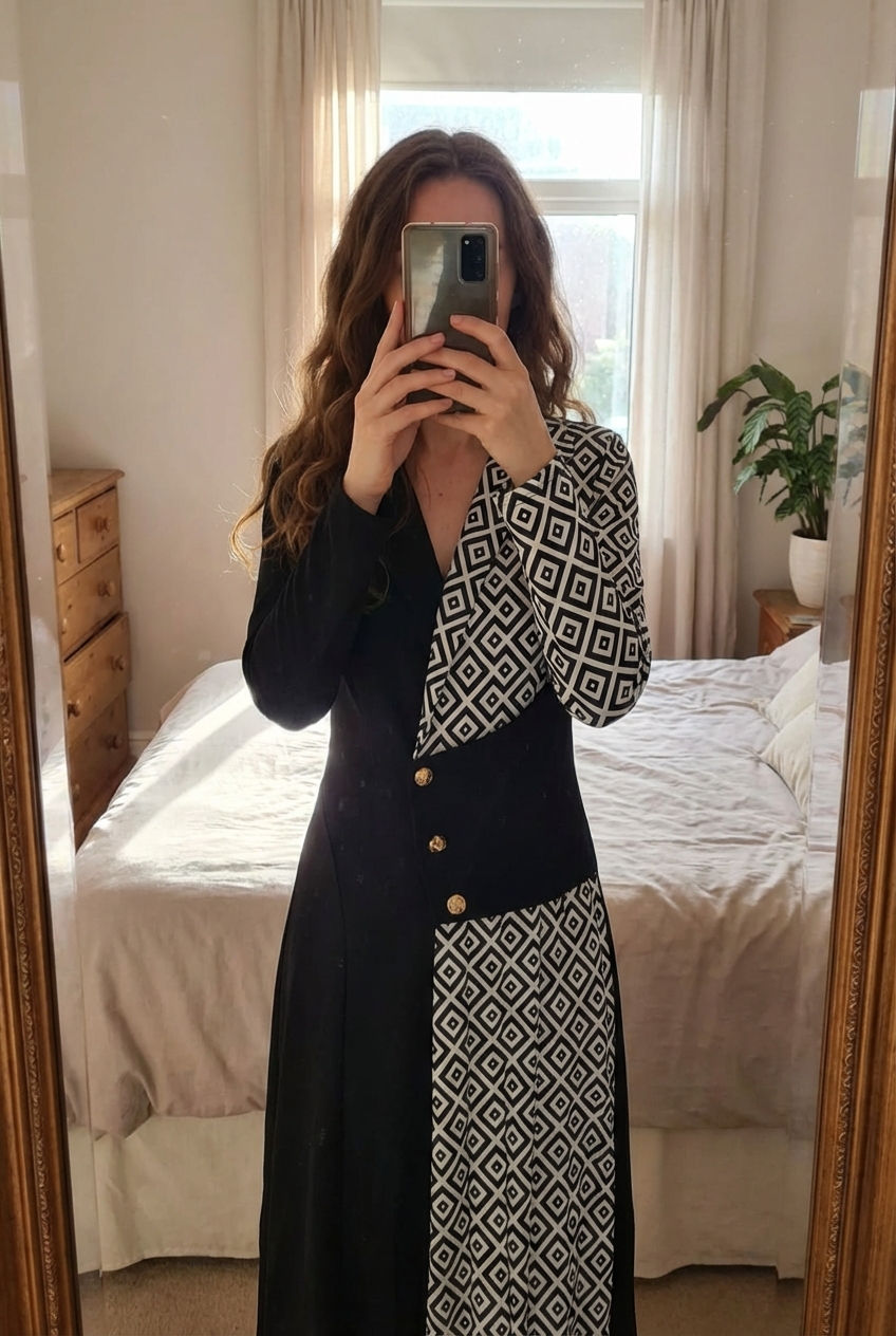 Robe chemise debout, face à la caméra, dans une chambre à la lumière douce, avec une lumière naturelle filtrant par la fenêtre.