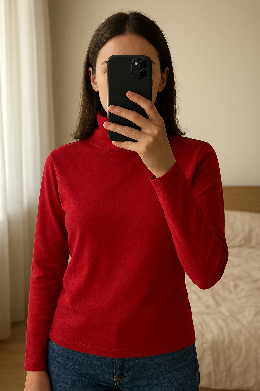 Sous pull à col roulé color et duty 7-8 ans rouge debout, face à la caméra, dans une chambre à la lumière douce, avec une lumière naturelle filtrant par la fenêtre.