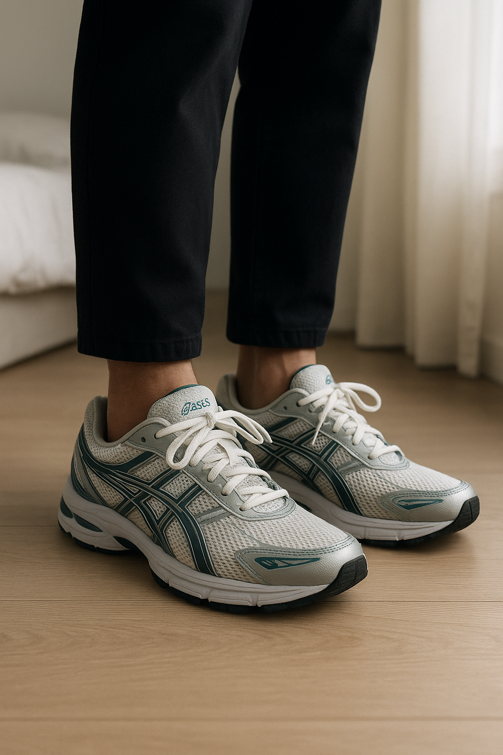 Asics white dark neptune debout, face à la caméra, dans une chambre à la lumière douce, avec une lumière naturelle filtrant par la fenêtre.