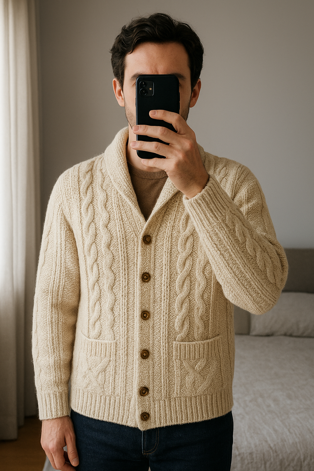 Cardigan Fait Main Torsadé Aran Wool Sweater 100% Laine Beige Crème Aran Craft XL debout, face à la caméra, dans une chambre à la lumière douce, avec une lumière naturelle filtrant par la fenêtre.