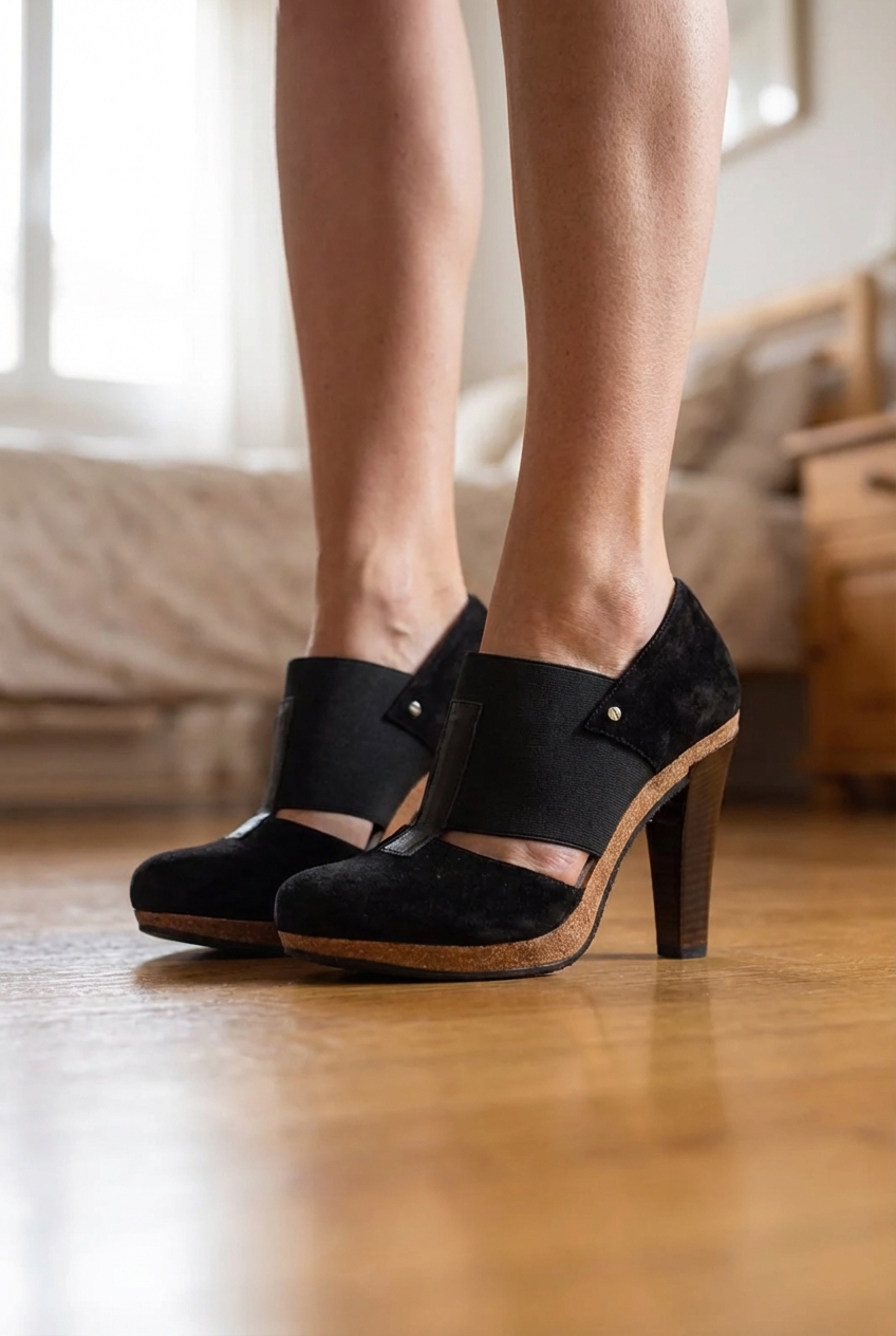 Scarpa tacco alto, scamosciata. Marca "Scholl" - 39 in piedi, rivolto verso la fotocamera, in una camera da letto con luce soffusa e luce naturale che filtra dalla finestra.