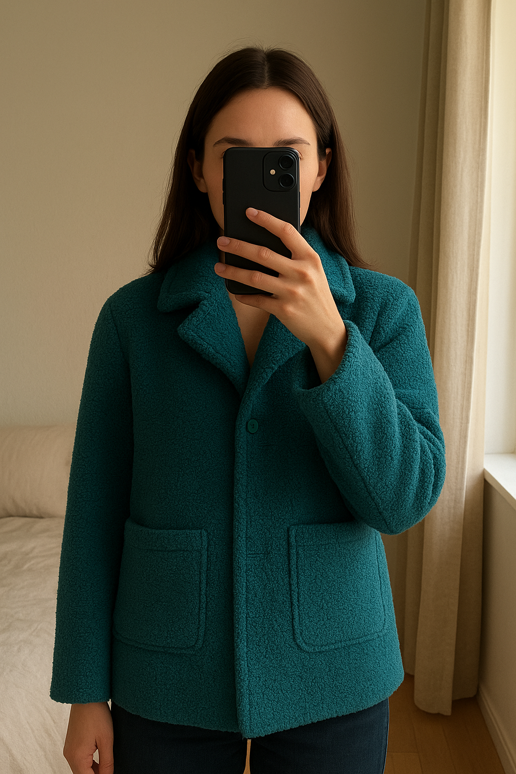French Connection Teddy Coat Boucle S 10 Coat standing straight facing the camera, in a softly lit bedroom setting, with gentle natural light filtering through a window.